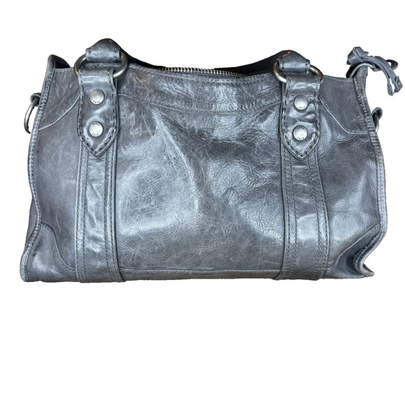 Frye Leather Satchel Shoulder Bag Gray Purse Tote Handbag Med Crossbody Silver - Picture 4 of 16
